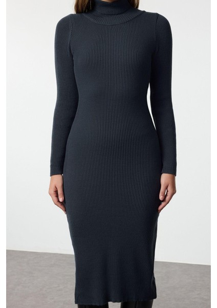 Moda Stil Regular Balıkçı Yaka Midi Boy Triko Basic Elbise