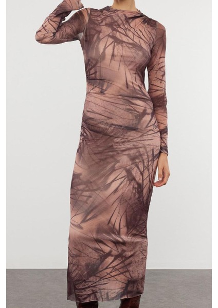 Moda Stil Slim Dik Yaka Maxi Boy Soyut Bodycone Büzgü Drape Örme Elbise
