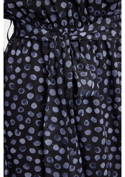 Moda Regular Mini Boy Puantiye Desenli Eteği Belden Açılan Astarlı Dokuma Şifon Kışlık Elbise