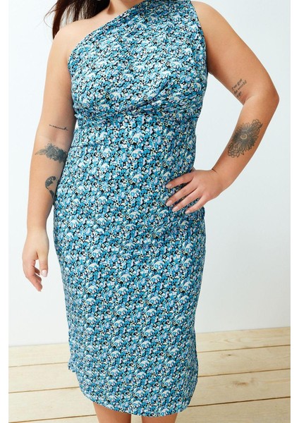 Moda Fitted Asimetrik Yaka Midi Boy Büyük Beden Baskılı Vücuda Oturan Tek Omuz Asimetrik Örme Elbise fiyatları