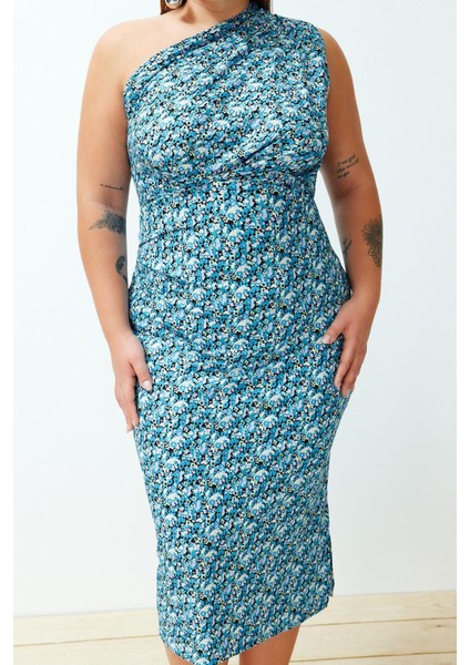 Moda Fitted Asimetrik Yaka Midi Boy Büyük Beden Baskılı Vücuda Oturan Tek Omuz Asimetrik Örme Elbise modelleri