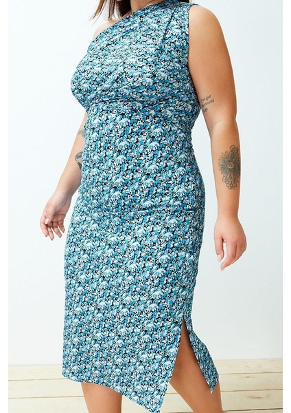 Moda Fitted Asimetrik Yaka Midi Boy Büyük Beden Baskılı Vücuda Oturan Tek Omuz Asimetrik Örme Elbise fırsatları