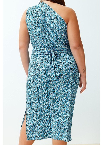 Moda Fitted Asimetrik Yaka Midi Boy Büyük Beden Baskılı Vücuda Oturan Tek Omuz Asimetrik Örme Elbise indirimleri