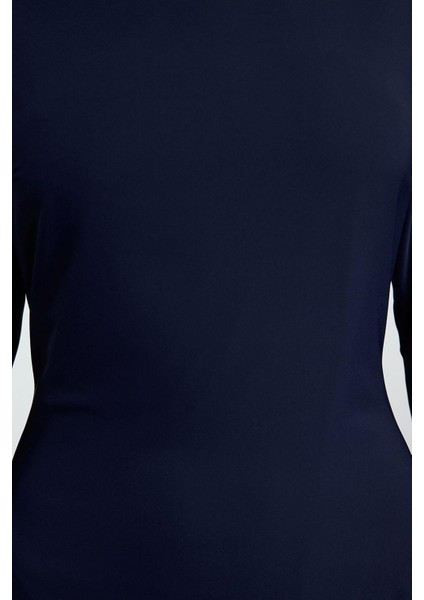 Moda Stil Regular Bisiklet Yaka Midi Boy Shift Düz Kesim Saten Dokuma Elbise