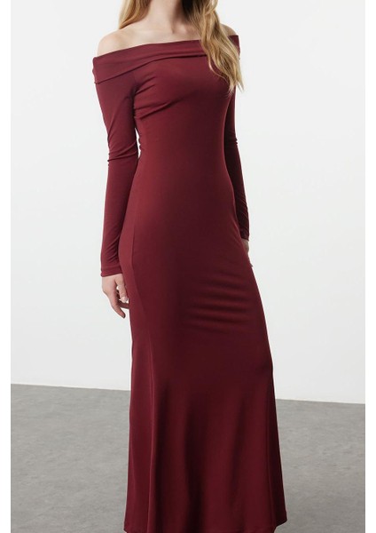 Moda Stil Slim Carmen Yaka Maxi Boy Renk Bloklu Fitted Vücuda Oturan Esnek Örme Elbise fırsatları