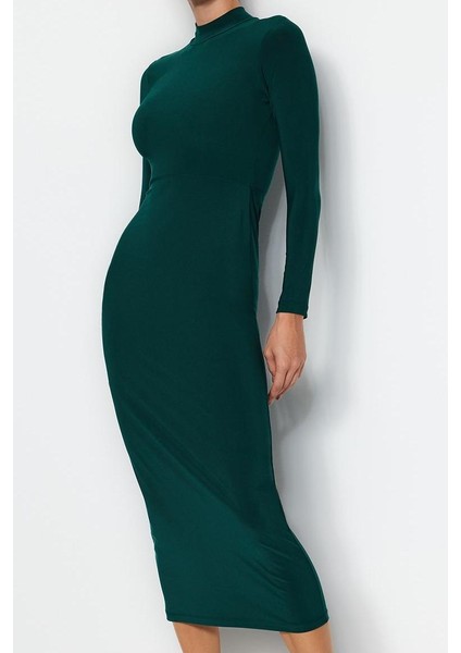 Moda Stil Slim Dik Yaka Maxi Boy Fitted Vücuda Oturan Esnek Örme Elbise