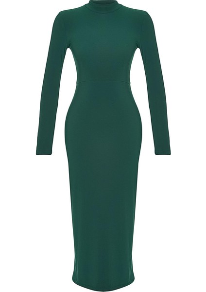 Moda Stil Slim Dik Yaka Maxi Boy Fitted Vücuda Oturan Esnek Örme Elbise