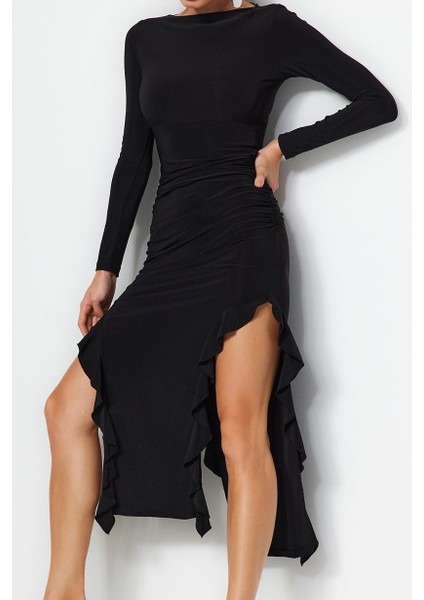 Moda Stil Regular Bisiklet Yaka Midi Boy Eteği Volanlı Kayık Kaya Esnek Örme Elbise