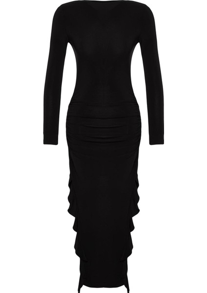 Moda Stil Regular Bisiklet Yaka Midi Boy Eteği Volanlı Kayık Kaya Esnek Örme Elbise