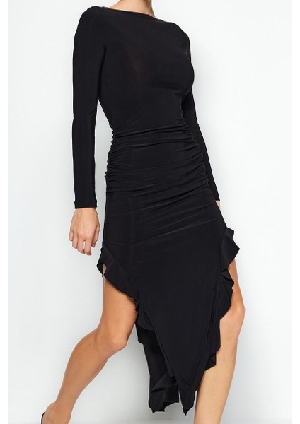 Moda Stil Regular Bisiklet Yaka Midi Boy Eteği Volanlı Kayık Kaya Esnek Örme Elbise