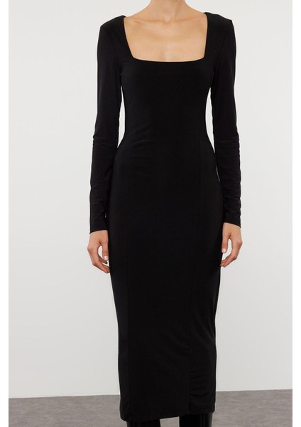 Moda Stil Fitted Kare Yaka Midi Boy Düz Bodycone Vücuda Oturan Esnek Örme Elbise
