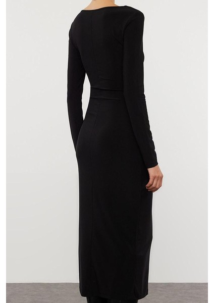 Moda Stil Fitted Kare Yaka Midi Boy Düz Bodycone Vücuda Oturan Esnek Örme Elbise