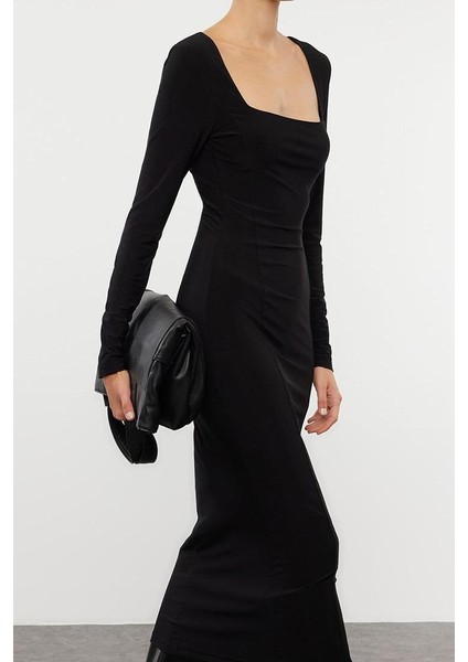 Moda Stil Fitted Kare Yaka Midi Boy Düz Bodycone Vücuda Oturan Esnek Örme Elbise