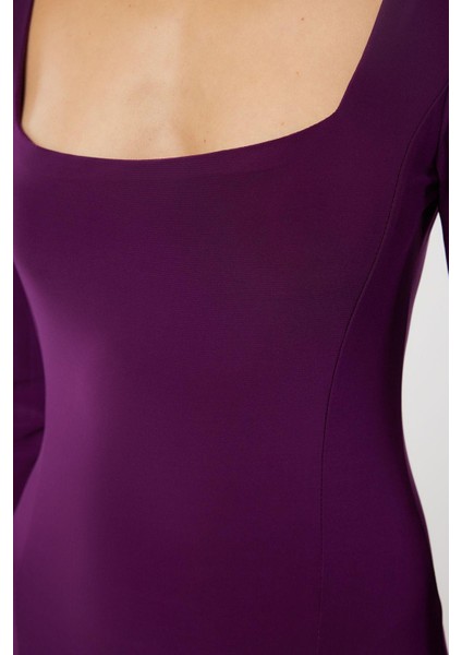 Moda Stil Fitted Kare Yaka Midi Boy Düz Bodycone Vücuda Oturan Esnek Örme Elbise