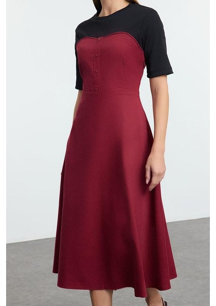 Moda Stil Regular Bisiklet Yaka Midi Boy Düz Dokuma Elbise