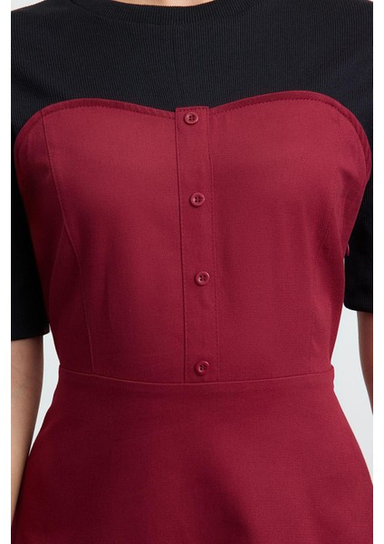 Moda Stil Regular Bisiklet Yaka Midi Boy Düz Dokuma Elbise