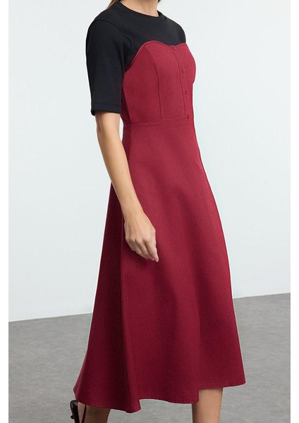 Moda Stil Regular Bisiklet Yaka Midi Boy Düz Dokuma Elbise