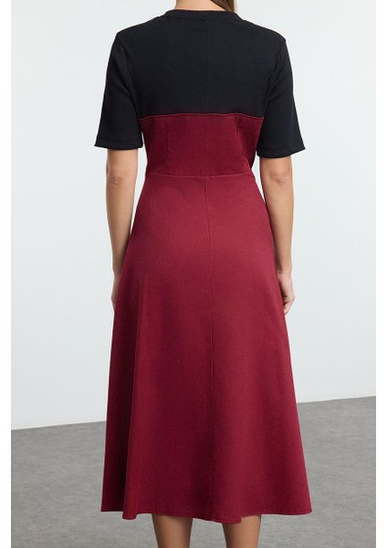 Moda Stil Regular Bisiklet Yaka Midi Boy Düz Dokuma Elbise