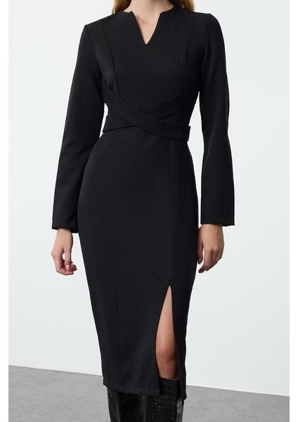 Moda Stil Regular V Yaka Midi Boy Vücudu Saran Dokuma Elbise