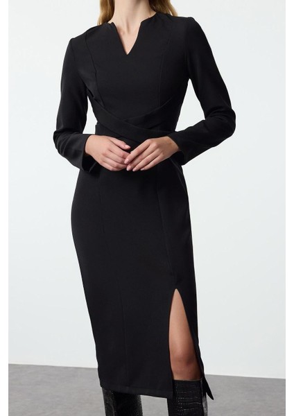 Moda Stil Regular V Yaka Midi Boy Vücudu Saran Dokuma Elbise
