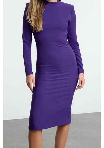 Moda Stil Regular Dik Yaka Midi Boy Vatkalı Omuz Detaylı Fitted Vücuda Oturan Dokuma Elbise