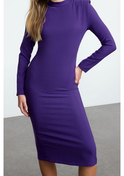 Moda Stil Regular Dik Yaka Midi Boy Vatkalı Omuz Detaylı Fitted Vücuda Oturan Dokuma Elbise