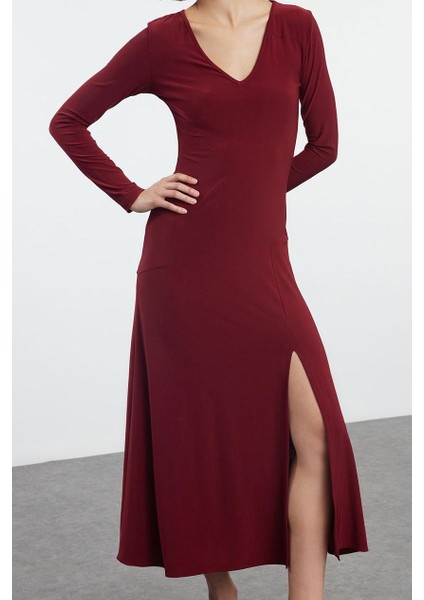 Moda Stil Fitted V Yaka Maxi Boy Düz Eteği Volanlı Skater Belden Açılan Esnek Örme Elbise fırsatları
