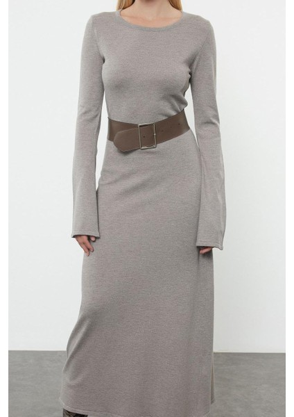 Moda Stil Regular Bisiklet Yaka Maxi Boy Triko Kemerli Elbise modelleri