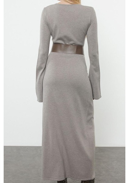 Moda Stil Regular Bisiklet Yaka Maxi Boy Triko Kemerli Elbise indirimleri