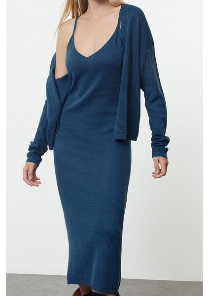 Moda Stil Slim V Yaka Midi Boy Triko Premium Iplik Özel Iplik Hırka-Elbise Takım modelleri