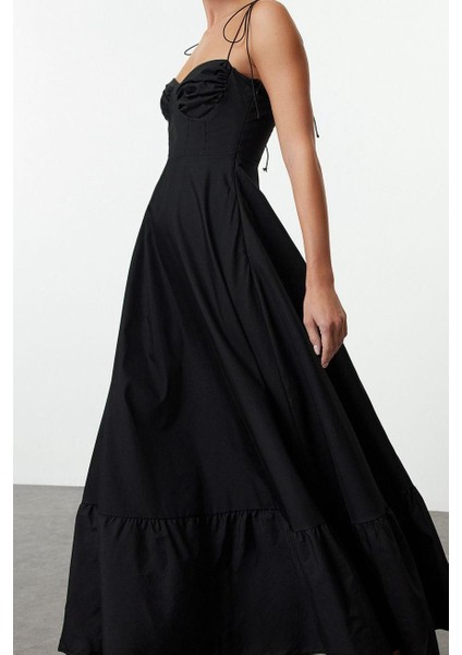Moda Stil Regular Kalp Yaka Maxi Boy Drape Detaylı Dokuma Elbise