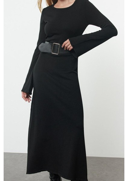 Moda Stil Regular Bisiklet Yaka Maxi Boy Triko Kemerli Elbise