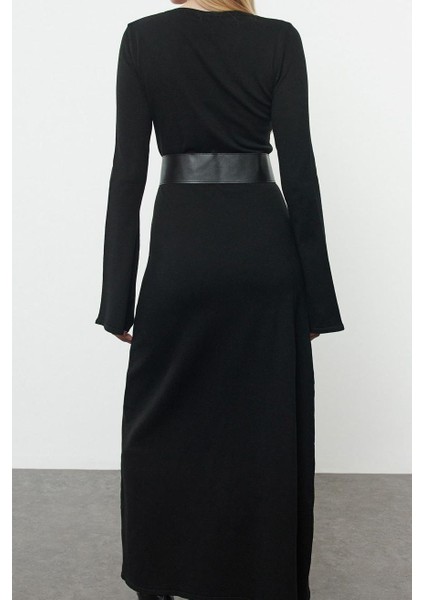 Moda Stil Regular Bisiklet Yaka Maxi Boy Triko Kemerli Elbise indirimleri