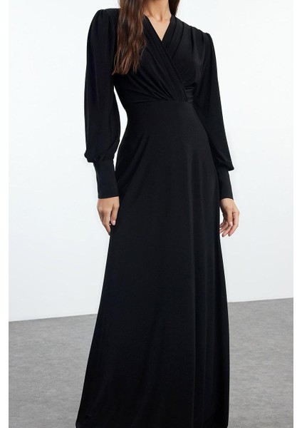 Moda Stil Regular Kruvaze Maxi Boy Düz Örme Elbise