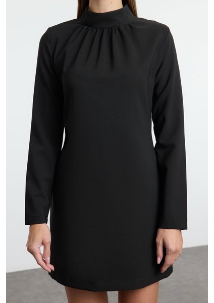 Moda Stil Regular Dik Yaka Mini Boy A Kesim Dokuma Elbise