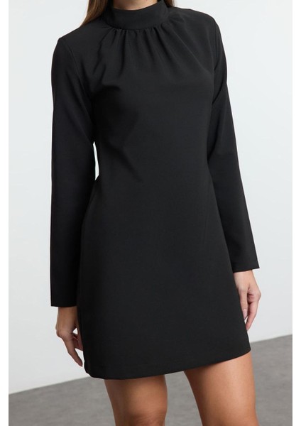 Moda Stil Regular Dik Yaka Mini Boy A Kesim Dokuma Elbise