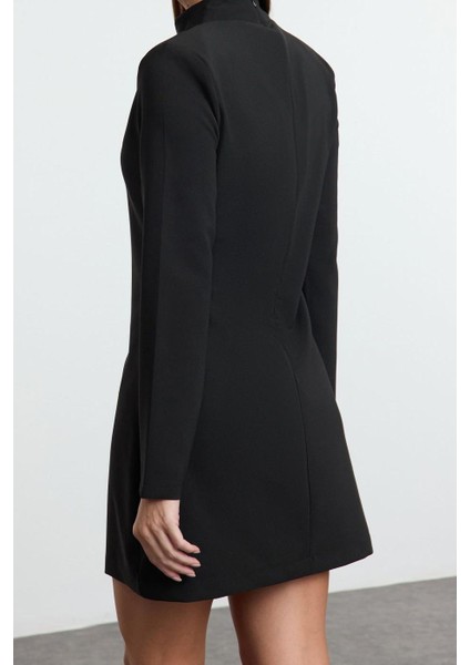Moda Stil Regular Dik Yaka Mini Boy A Kesim Dokuma Elbise