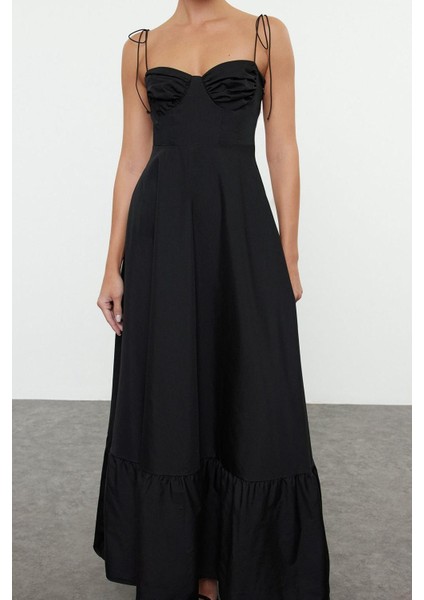 Moda Stil Regular Kalp Yaka Maxi Boy Drape Detaylı Dokuma Elbise