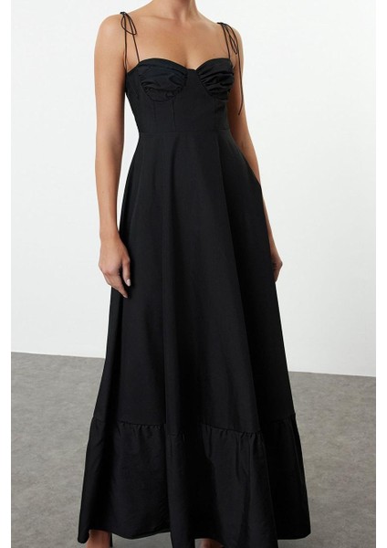 Moda Stil Regular Kalp Yaka Maxi Boy Drape Detaylı Dokuma Elbise