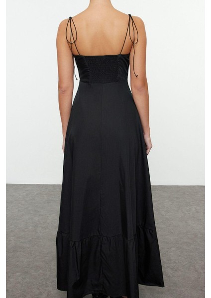 Moda Stil Regular Kalp Yaka Maxi Boy Drape Detaylı Dokuma Elbise