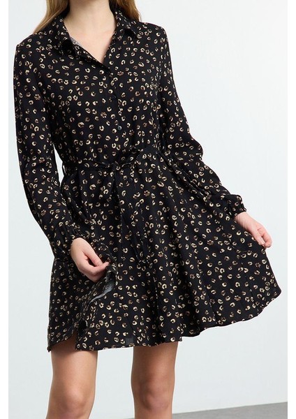 Moda Stil Regular Gömlek Yaka Mini Boy Kuşaklı Dokuma Elbise