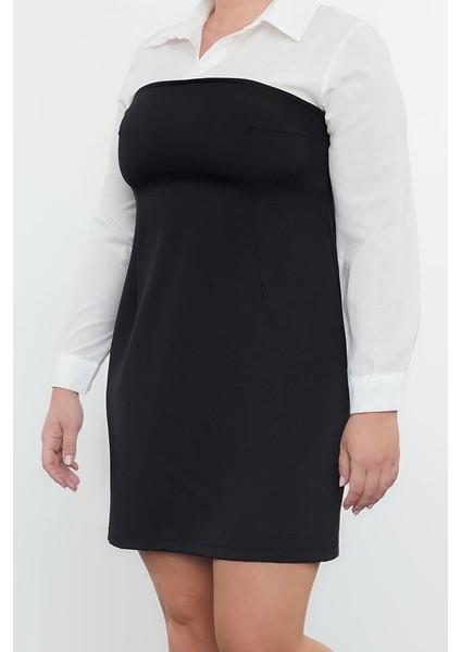 Moda Stil Fitted Gömlek Yaka Mini Boy Büyük Beden -Beyaz Bodycone Straplez Finike Gömlek Elbise