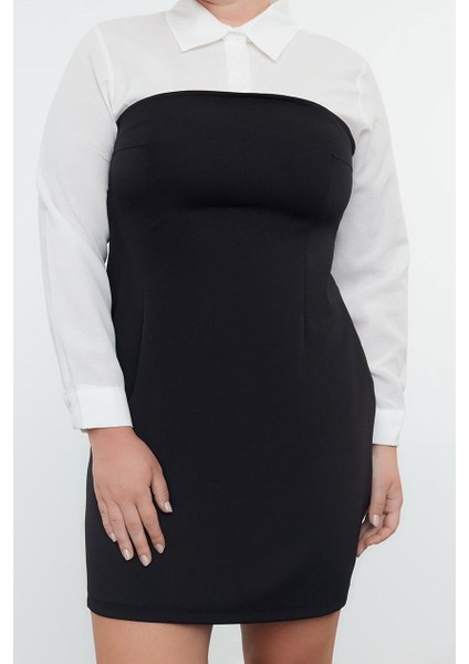 Moda Stil Fitted Gömlek Yaka Mini Boy Büyük Beden -Beyaz Bodycone Straplez Finike Gömlek Elbise fırsatları