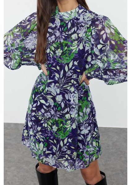 Moda Stil Regular Dik Yaka Mini Boy Soyut Dokuma Kışlık Elbise
