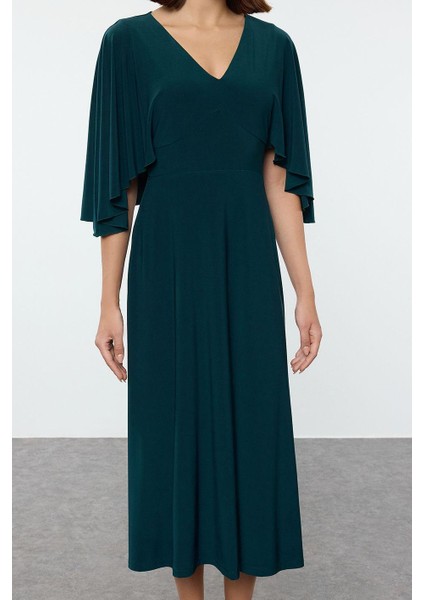 Moda Stil Regular V Yaka Maxi Boy Düz Düz Pelerinli Esnek Örme Elbise modelleri