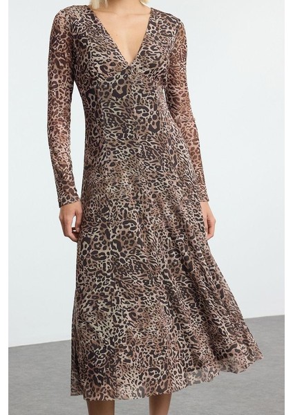 Moda Stil Regular V Yaka Midi Boy A-Line Örme Elbise