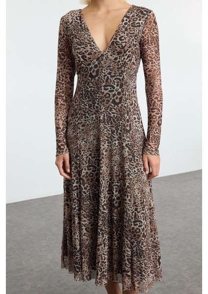 Moda Stil Regular V Yaka Midi Boy A-Line Örme Elbise