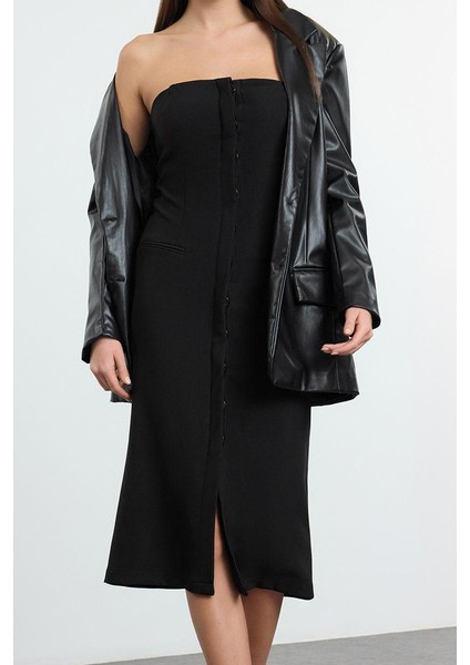 Moda Stil Regular Straplez Midi Boy Dokuma Elbise