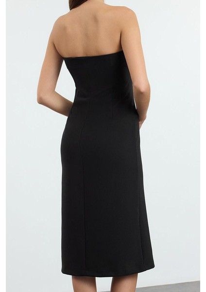 Moda Stil Regular Straplez Midi Boy Dokuma Elbise