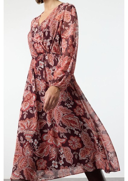 Moda Stil Relaxed Kruvaze Midi Boy Çiçekli Yaka A Kesim Şifon Astarlı Dokuma Elbise